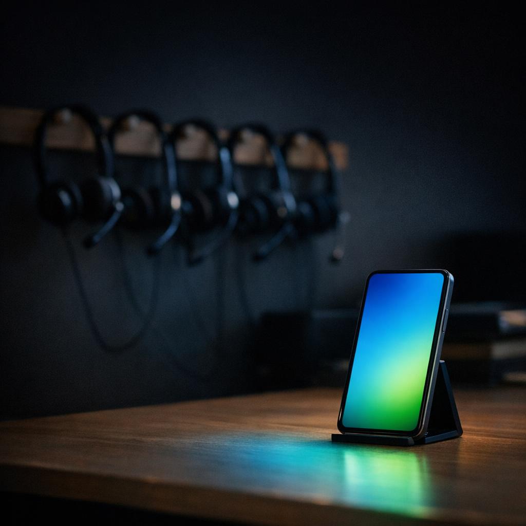 Five office headsets hanging unused on a rack while one phone glows with the Talkify blue to green gradient, quietly answering every call.
