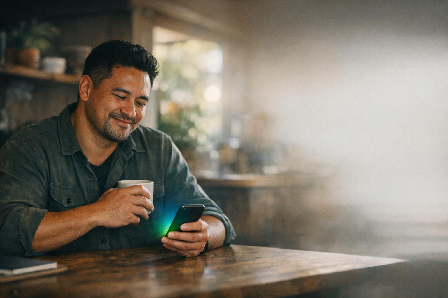A relaxed New Zealand small company owner with a coffee, smiling at his phone as good results come in, a soft blue to green glow rising from the screen.