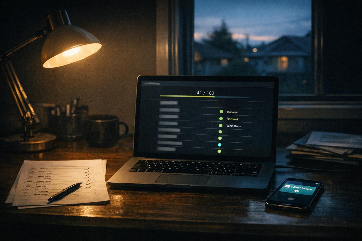 A laptop on a desk at dusk showing an outbound call campaign at 41 of 180 with green Booked and Won Back rows, beside a printed customer list with ticked names.