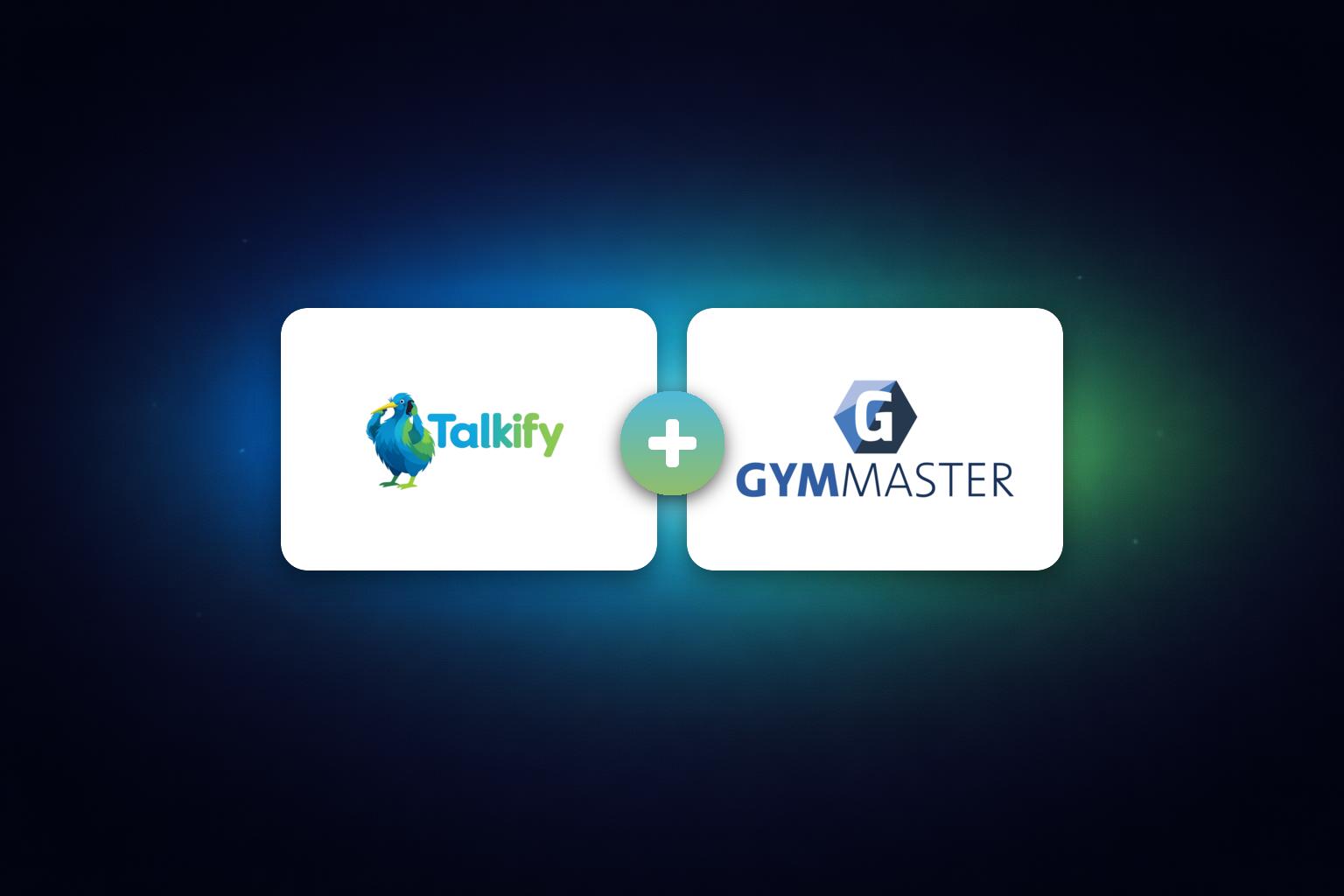 A Talkify and GymMaster co-brand lockup, the two logos side by side joined by a plus sign on a dark brand background.