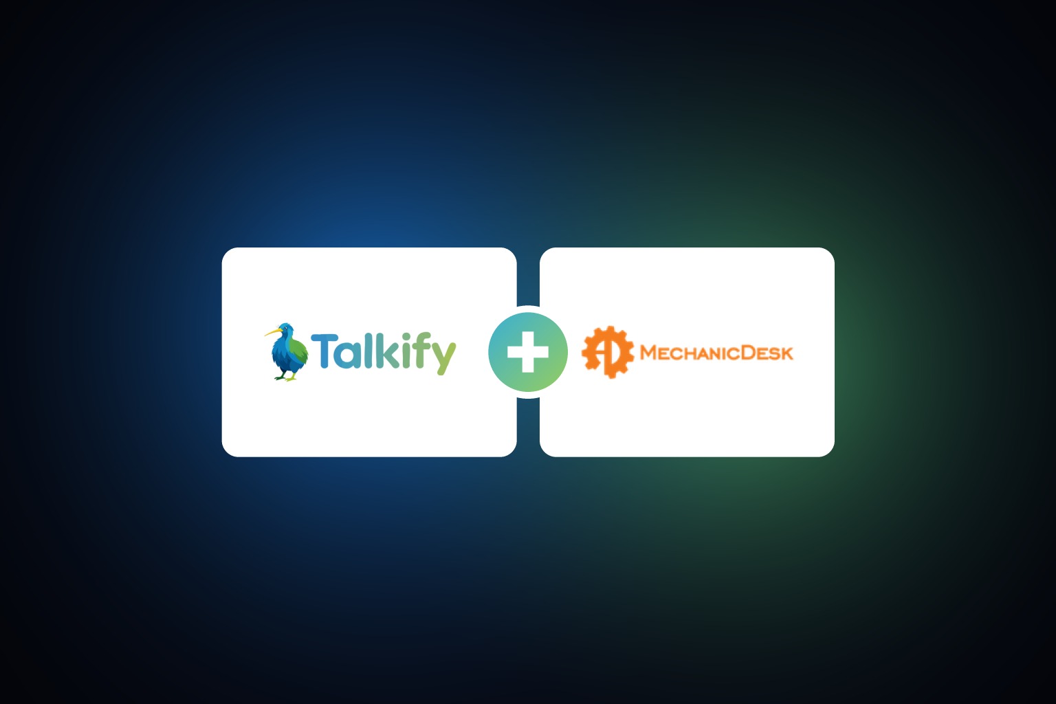 A Talkify and MechanicDesk co-brand lockup, the two logos side by side joined by a plus sign on a dark brand background.
