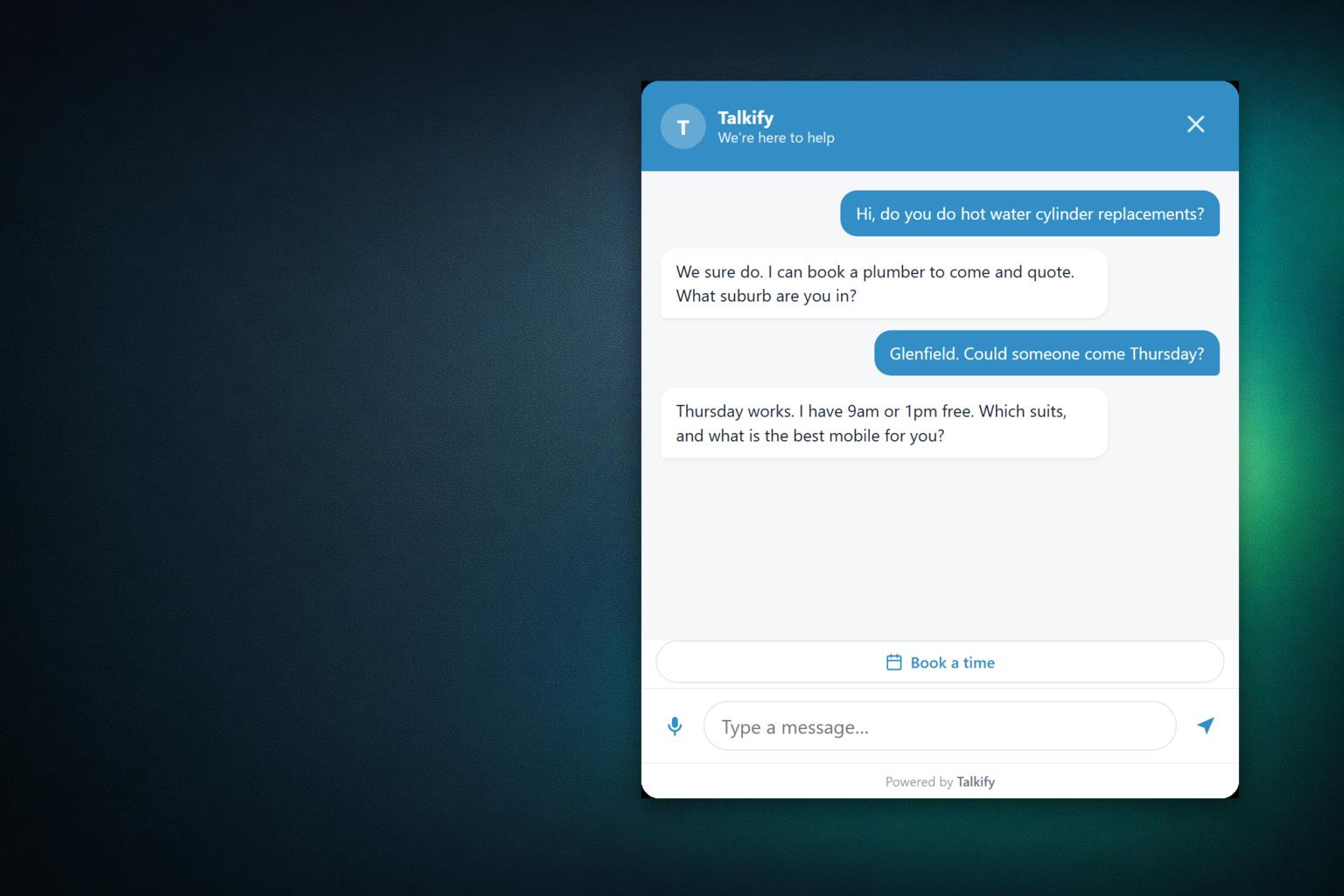The Talkify website chat window open on a brand background, showing a visitor booking a plumber through the chat.
